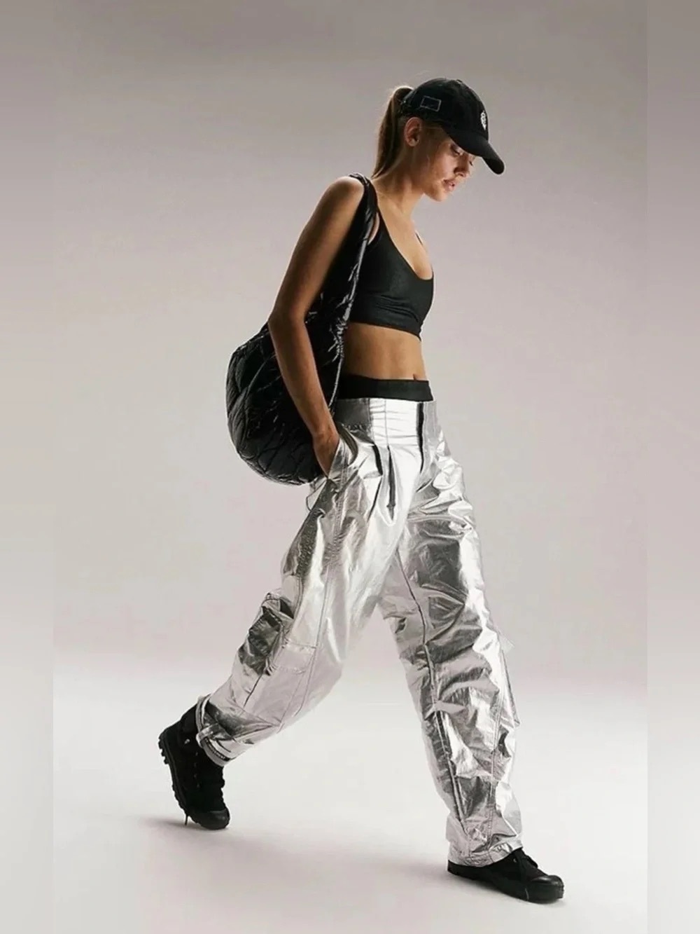 FP Movement by Free People Metallic Silver Wide-Leg Cargo Pants